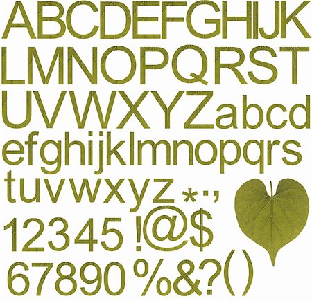 simsearch:400-08073944,k - Collection of green alphabets, numbers and special characters created from leaf Stock Photo - Budget Royalty-Free & Subscription, Code: 400-05732386