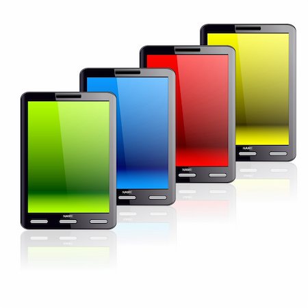 Vertical Tablet computer isolated on the white background. Four different colors stand one by one. Foto de stock - Super Valor sin royalties y Suscripción, Código: 400-05732646