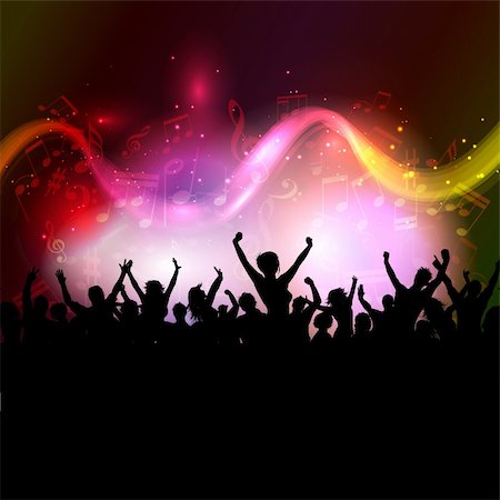 Silhouette of an excited audience on a colourful music notes background Stock Photo - Budget Royalty-Free & Subscription, Code: 400-05732788