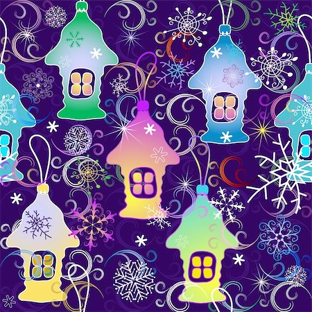 simsearch:400-04709734,k - Violet seamless pattern with snowflakes and Christmas toy houses (vector) Stock Photo - Budget Royalty-Free & Subscription, Code: 400-05732884