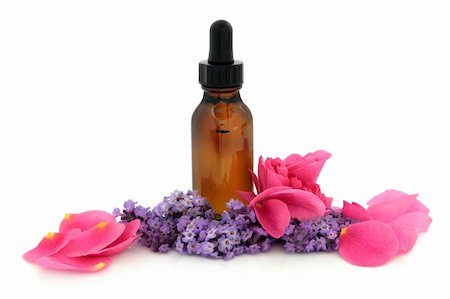 rose essential oil - Rose flower petals and lavender herb flowers with aromatherapy brown glass dropper bottle isolated over white background. Lavandula and rosa rugosa. Stock Photo - Budget Royalty-Free & Subscription, Code: 400-05733586