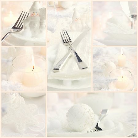 Restaurant series. Collage of fancy Christmas dinner.  Holiday luxury table setting with beautiful white snow and ornaments. Stock Photo - Budget Royalty-Free & Subscription, Code: 400-05733687