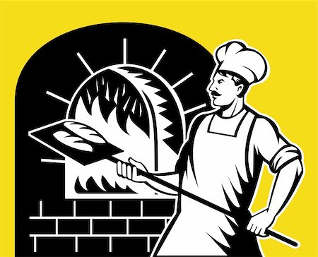 pan to the fire - retro style illustration of a baker holding baking pan into wood oven Foto de stock - Super Valor sin royalties y Suscripción, Código: 400-05744072