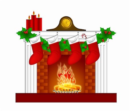 Fireplace Christmas Decoration with Garland Stocking Pillar Candles and Mantel Clock Illustration Stock Photo - Budget Royalty-Free & Subscription, Code: 400-05744116