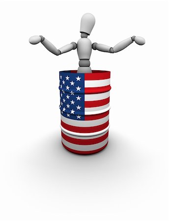 poner gasolina - High resolution 3D illustration of a mannequin guy standing inside an oil drum that has a USA flag painted on it. The mannequin is shrugging his shoulders and raising his hands as if to say "I don't know". Stock Photo - Budget Royalty-Free & Subscription, Code: 400-05744211