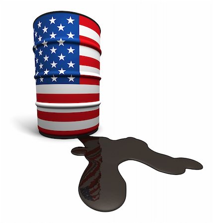 3D illustration concept of a oil barrel with a USA flag painted on it, leaking oil running onto the ground. Photographie de stock - Aubaine LD & Abonnement, Code: 400-05744309