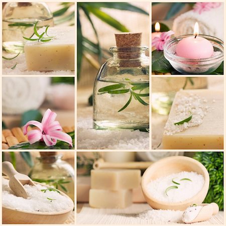 Spa series. Spa collage made of five images. Floral water, bath salt, candles and towel. Stock Photo - Budget Royalty-Free & Subscription, Code: 400-05744655