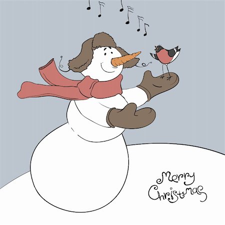 simsearch:400-04771465,k - Snowman and his friend - bullfinch. Christmas illustration, vector, eps8. Stock Photo - Budget Royalty-Free & Subscription, Code: 400-05745067