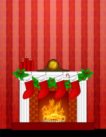 Fireplace Christmas Decoration with Garland Stocking Pillar Candles and Mantel Clock  on Red Wallpaper Background Illustration Stock Photo - Budget Royalty-Free & Subscription, Code: 400-05745296