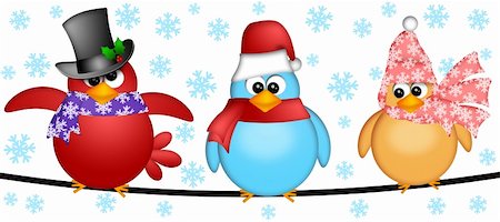 simsearch:400-05732786,k - Three Christmas Birds on  a Wire Cartoon Clipart Illustration Isolated on White Background with Snowflakes Stock Photo - Budget Royalty-Free & Subscription, Code: 400-05745419