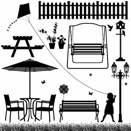 silhouette girl with umbrella - A garden scenario with different objects to represent the feel of peace and serenity. Stock Photo - Budget Royalty-Free & Subscription, Code: 400-05746640