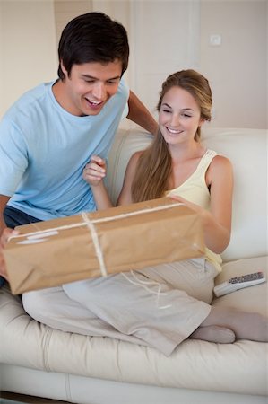 Portrait of a couple looking at a package in their living room Stock Photo - Budget Royalty-Free & Subscription, Code: 400-05746782