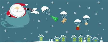 Cartoon Santa with bell in sleight dropping presents with parachutes. Vector Stock Photo - Budget Royalty-Free & Subscription, Code: 400-05746945