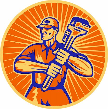engrenagens - illustration of a plumber holding a monkey wrench set inside circle done in retro woodcut style Foto de stock - Royalty-Free Super Valor e Assinatura, Número: 400-05747334