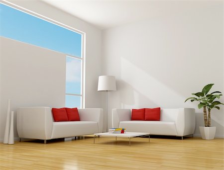 red cushion on a sofa - white minimalist lounge with two contemporary sofa with red pillow - rendering Stock Photo - Budget Royalty-Free & Subscription, Code: 400-05747416