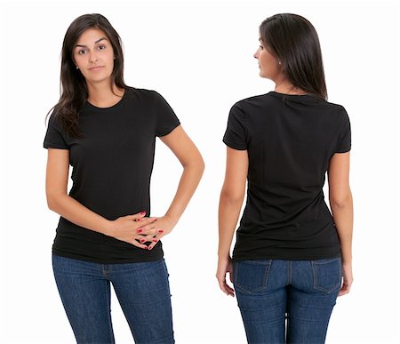 shirt front back model - Young beautiful female with blank black shirt, front and back. Ready for your design or artwork. Stock Photo - Budget Royalty-Free & Subscription, Code: 400-05748236