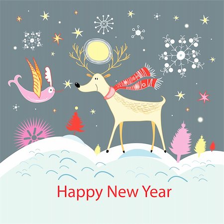 deer ornament - Christmas card with a funny deer and bird against a background of snow and snowflakes Stock Photo - Budget Royalty-Free & Subscription, Code: 400-05748401