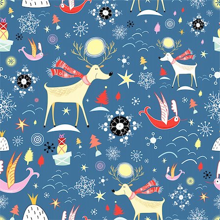 New seamless pattern with deer and birds on a blue background with snowflakes Stock Photo - Budget Royalty-Free & Subscription, Code: 400-05748402