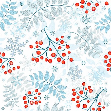 simsearch:400-04239996,k - Winter seamless white pattern with berries, leaves and snowflakes (vector) Photographie de stock - Aubaine LD & Abonnement, Code: 400-05748435