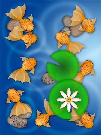 simsearch:400-06453910,k - Fancy Goldfish Swimming in Pond with Lily Pad Flower and Pebbles Illustration Stock Photo - Budget Royalty-Free & Subscription, Code: 400-05748508