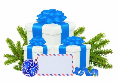 simsearch:400-09095404,k - Christmas Gift Boxes, Decoration Balls and Tree Branch isolated on white Fotografie stock - Microstock e Abbonamento, Codice: 400-05748656