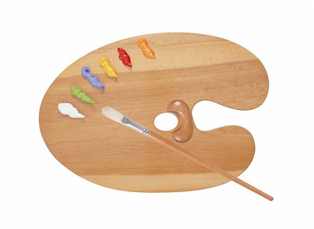 simsearch:400-07098525,k - wooden art palette with blobs of paint and a brush on white background Foto de stock - Super Valor sin royalties y Suscripción, Código: 400-05748657