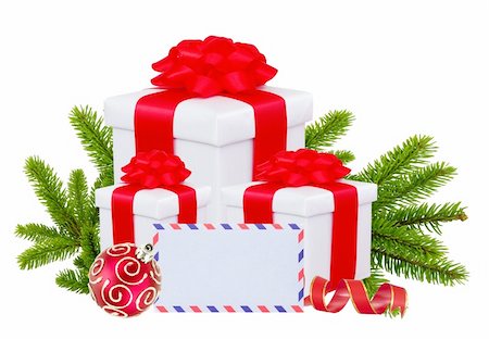 simsearch:400-09095404,k - Christmas Gift Boxes, Decoration Balls and Tree Branch isolated on white Fotografie stock - Microstock e Abbonamento, Codice: 400-05748653