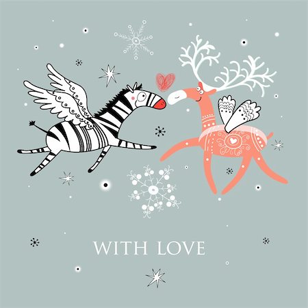 drawing designs for greeting card - fun loving deer and a zebra on a gray background with snowflakes Stock Photo - Budget Royalty-Free & Subscription, Code: 400-05748733