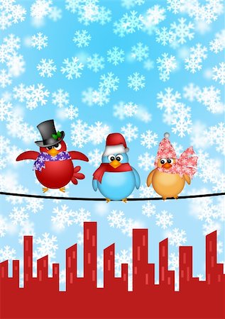 simsearch:400-05732786,k - Three Birds on a Wire with Cityscape and Snowflakes Falling Christmas Scene Illustration Stock Photo - Budget Royalty-Free & Subscription, Code: 400-05749358