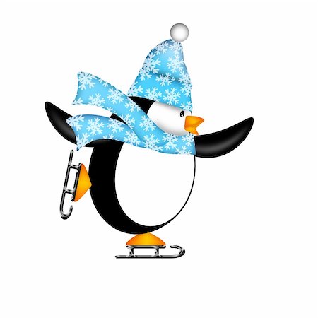 Cute Penguin with Christmas Snowflakes Scarf Ice Skating Illustration Isolated on White Background Stock Photo - Budget Royalty-Free & Subscription, Code: 400-05749360