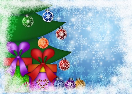 simsearch:400-05732786,k - Christmas Presents Under the Trees on Snowflakes Border and Blurred Background Illustration Stock Photo - Budget Royalty-Free & Subscription, Code: 400-05749363