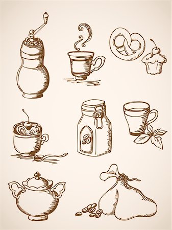 set of vector hand drawn  coffee icons in retro style Stock Photo - Budget Royalty-Free & Subscription, Code: 400-05740499