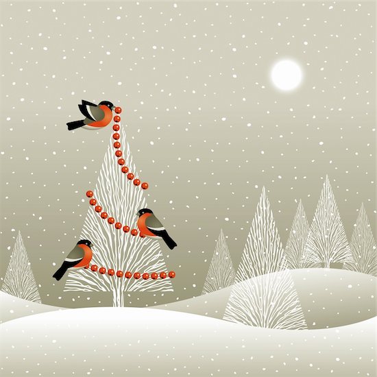 Bullfinches decorates a Christmas tree in winter forest. Vector illustration with clipping mask. Stock Photo - Royalty-Free, Artist: iatsun, Image code: 400-05740540