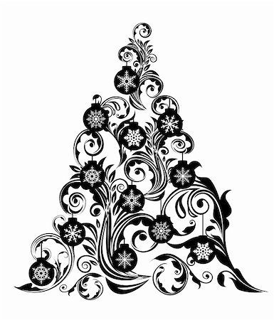 simsearch:400-07218423,k - Christmas Tree with Swirl Leaves Design and Snowflakes Ornaments Clipart Illustration Stockbilder - Microstock & Abonnement, Bildnummer: 400-05740602