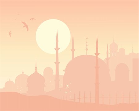 an illustration of an exotic skyline with islamic architecture at sunset Stock Photo - Budget Royalty-Free & Subscription, Code: 400-05742228