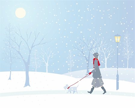 an illustration of a woman walking a small dog in a snowy park with an old fashioned lamp and frosted trees Stock Photo - Budget Royalty-Free & Subscription, Code: 400-05742229