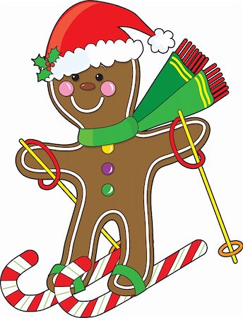 santa claus ski - A cute gingerbread man is skiing on candy canes and wearing a Santa hat Foto de stock - Super Valor sin royalties y Suscripción, Código: 400-05742262