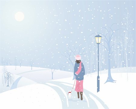 an illustration of a woman walking a small dog in a snowy park with an old fashioned lamp and frosted trees Stock Photo - Budget Royalty-Free & Subscription, Code: 400-05742937