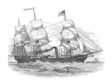 sailing on atlantic ocean - SS Savannah, hybrid sailing ship/sidewheel steamer, the first steamship in the world to cross the Atlantic Ocean in 1819. Engraving by unknown artist from Harper's Monthly Magazine, february 1877. Stock Photo - Budget Royalty-Free & Subscription, Code: 400-05742979