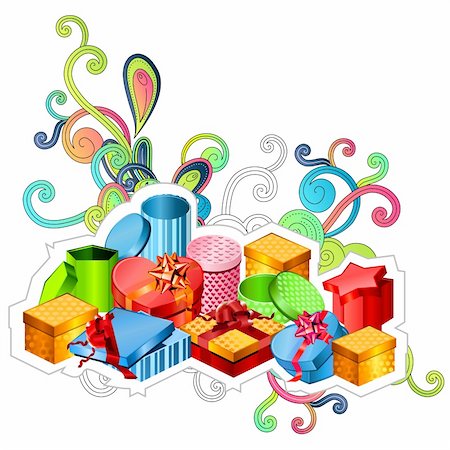 scroll designs clip art - Modern gift boxes with modern festive elements on white Stock Photo - Budget Royalty-Free & Subscription, Code: 400-05743207