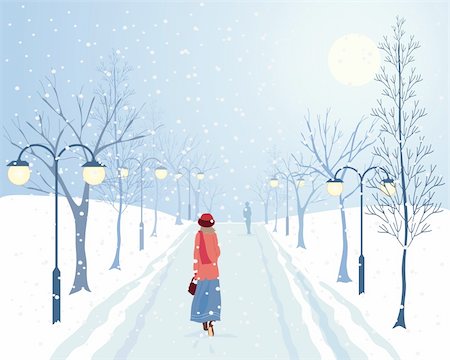 an illustration of a woman walking through an avenue of winter trees and lamp posts in a snow covered park Stock Photo - Budget Royalty-Free & Subscription, Code: 400-05743333