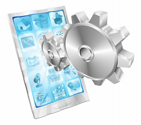 Gear cogs flying out of phone screen tune up or settings application concept illustration. Stock Photo - Budget Royalty-Free & Subscription, Code: 400-05743558