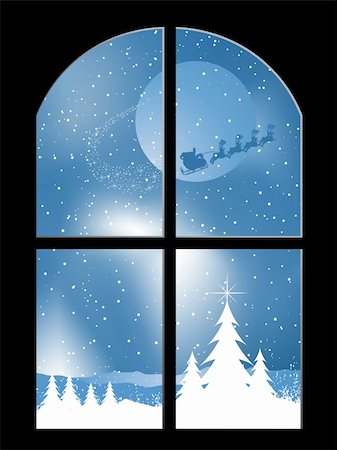 snowflakes on window - View through a window of santa flying through the sky on a snowy night Stock Photo - Budget Royalty-Free & Subscription, Code: 400-05743553