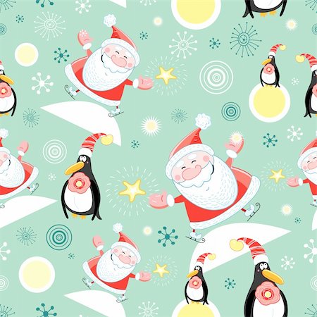 striking pattern of Santa and Penguins on a green background with snowflakes and sun Stock Photo - Budget Royalty-Free & Subscription, Code: 400-05743724