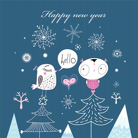 simsearch:400-05746053,k - funny new year card with birds on a dark blue background with snowflakes Stock Photo - Budget Royalty-Free & Subscription, Code: 400-05743725