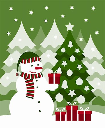 red ribbon and plant - vector snowman, christmas tree and gifts, Adobe Illustrator 8 format Stock Photo - Budget Royalty-Free & Subscription, Code: 400-05743838
