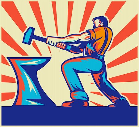 illustration of a male worker or blacksmith striking hammer and anvil with sunburst in background done in retro style Stockbilder - Microstock & Abonnement, Bildnummer: 400-05743866