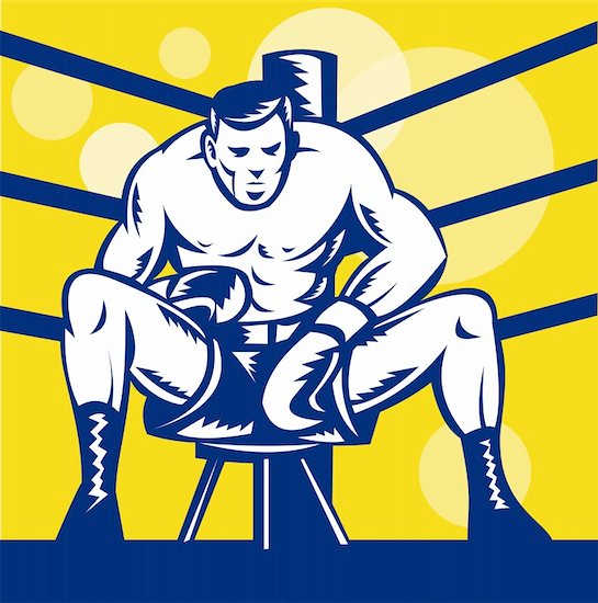 illustration of a Boxer sitting on stool front view inside boxing ring in square format done in retro woodcut style Foto de stock - Sin royalties, Artista: patrimonio, Código de la imagen: 400-05743867