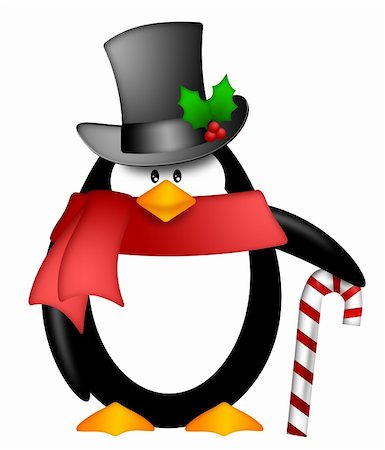 simsearch:400-07218423,k - Cute Cartoon Penguin with Top Hat Red Scarf and Candy Cane Illustration Isolated on White Background Stockbilder - Microstock & Abonnement, Bildnummer: 400-05743903