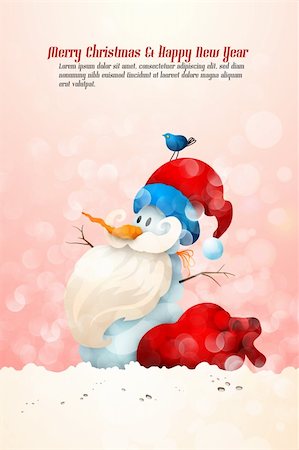 simsearch:400-04157187,k - Snowman with Santa's Hat with Large Gift Bag and Bird on his Head | Christmas Greeting Background | EPS10 Graphic | Separate Layers Named Accordingly Stockbilder - Microstock & Abonnement, Bildnummer: 400-05743994